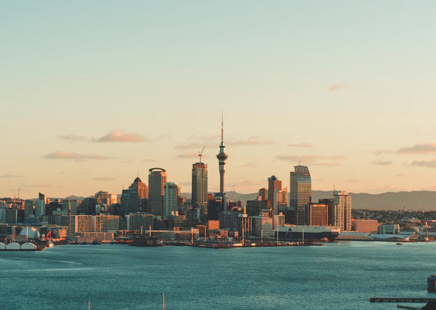 Auckland waterfront and skyline in the warm evening light