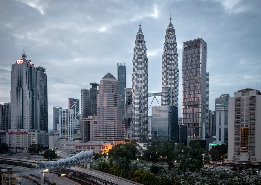 Kuala Lumpur skyscrapers and the Petronas Twin Towers beneath clouds