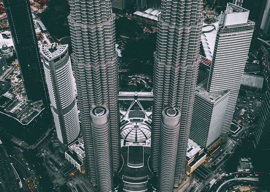 Aerial view of the Petronas Towers in Kuala Lumpur
