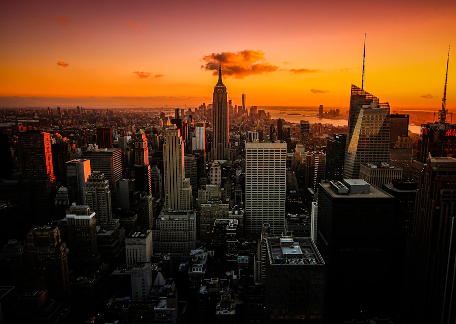 Manhattan and the Empire State Building in warm sunset light