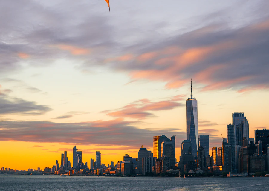 New York waterfront and skyline at dusk