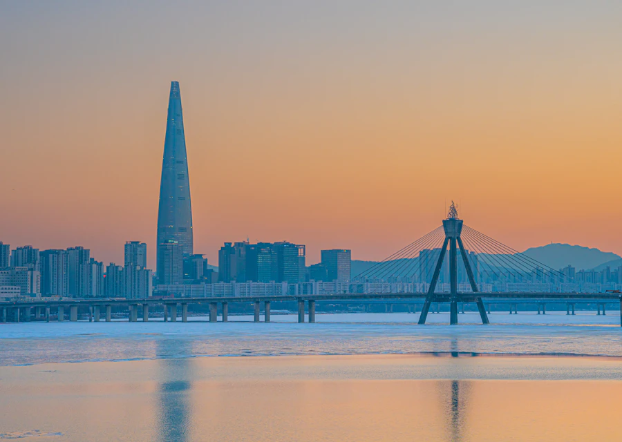 Orange sunset above Seoul and the Han River