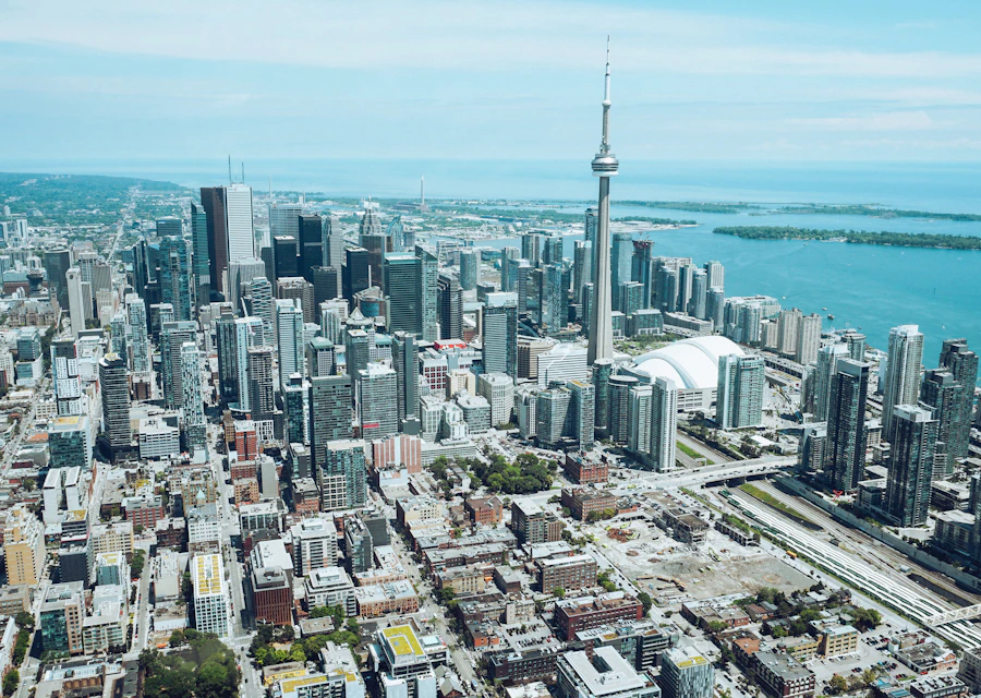 Aerial view of downtown Toronto and the CN Tower