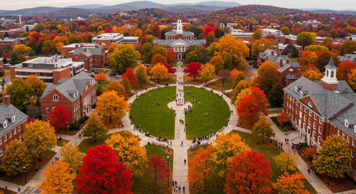 Aerial campus view with autumn trees and intersecting paths